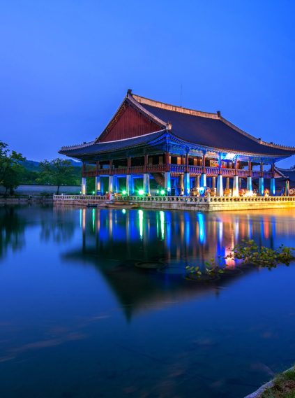 Gyeongbokgung Palace and Milky Way at night in seoul,Korea.